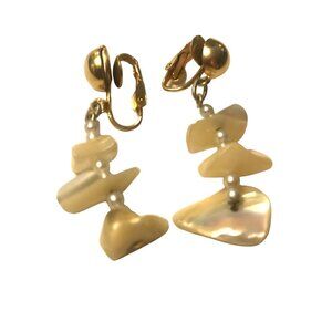 Clip On Dangle Earrings Vintage Mother Of Pearl & Faux Pearl 1.5" Elegant